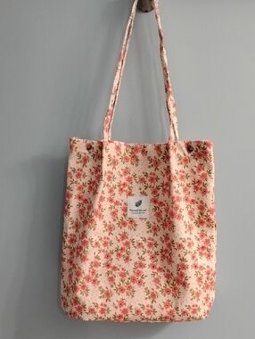 NWOT Pink Floral Canvas Tote Bag with Long Shoulder Straps